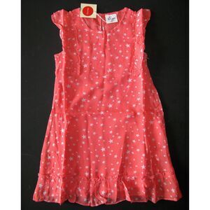 Mini Boden sleeveless bright coral pink grey star print ruffle dress Easter 4 5